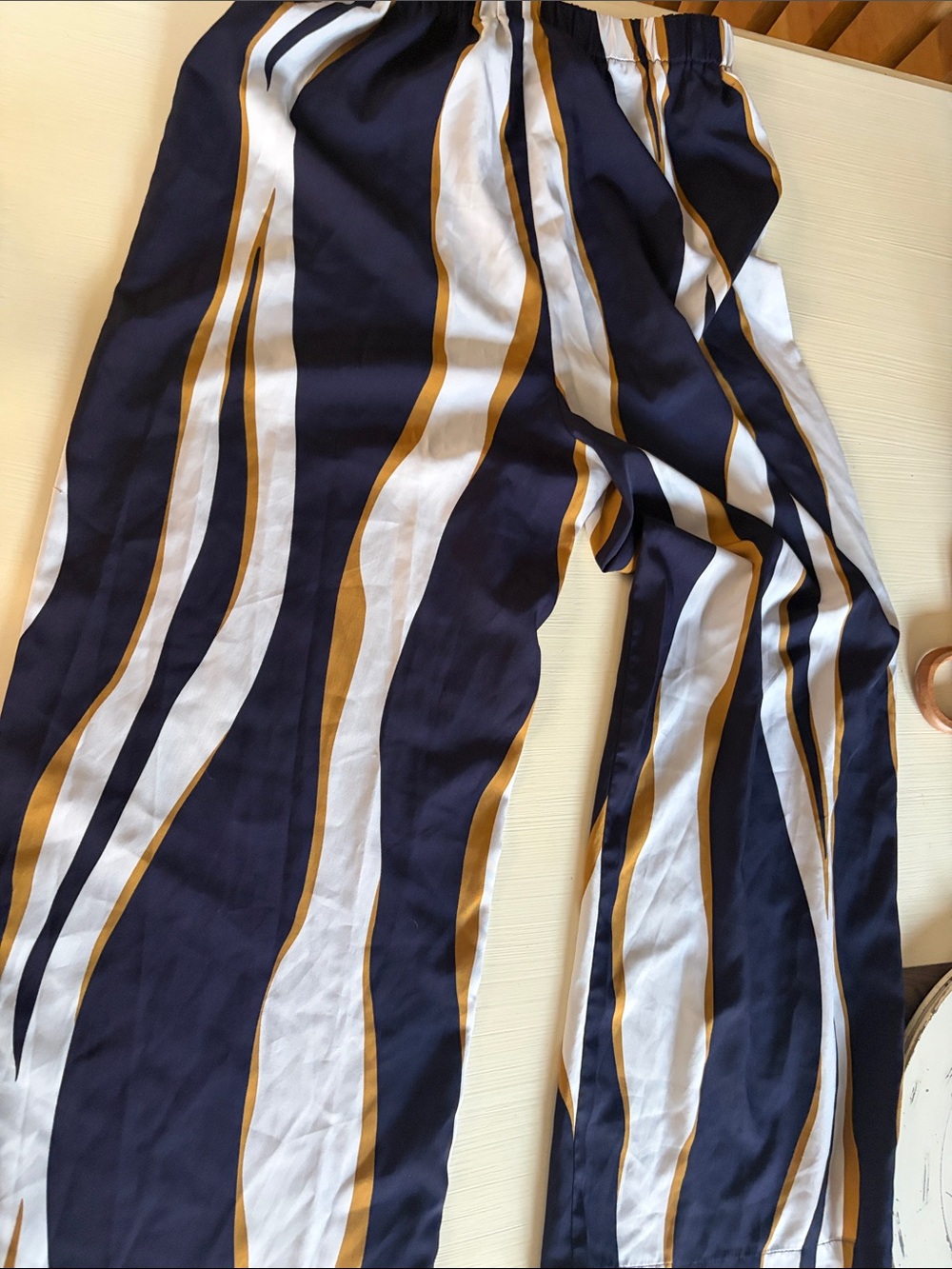 SHEIN Navy, White & Mustard Striped Wide-Leg Pants
